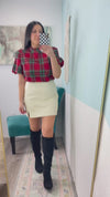 'Happy Everything' Red Plaid Bubble Puff Sleeve Top