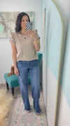 'Rhonda' Taupe Round Neck Tee with Ruffle Trim