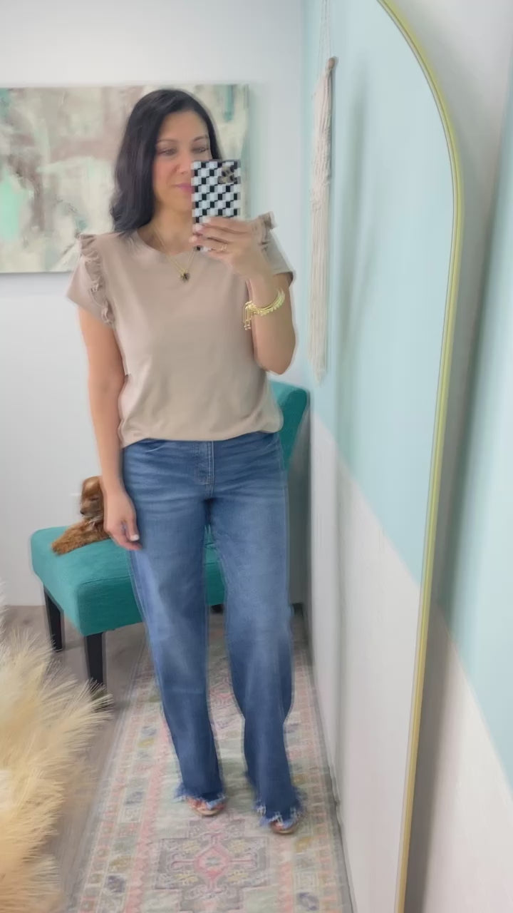 'Rhonda' Taupe Round Neck Tee with Ruffle Trim