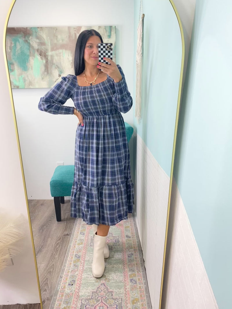 'Verona' Navy Plaid Puff Sleeve Midi Dress