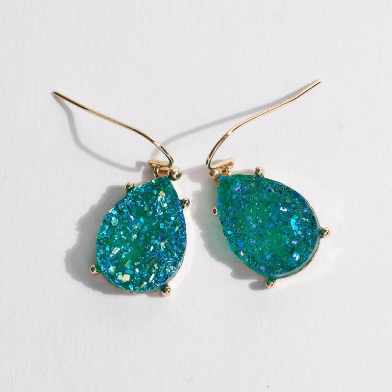 Mermaid Blue/Green Druzy Teardrop Dangle Earrings-Cali Moon Boutique, Plainville Connecticut