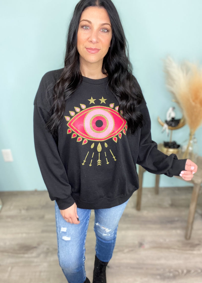'Seeing is Believing' Aztec Eye Graphic Black French Terry Sweatshirt-Cali Moon Boutique, Plainville Connecticut