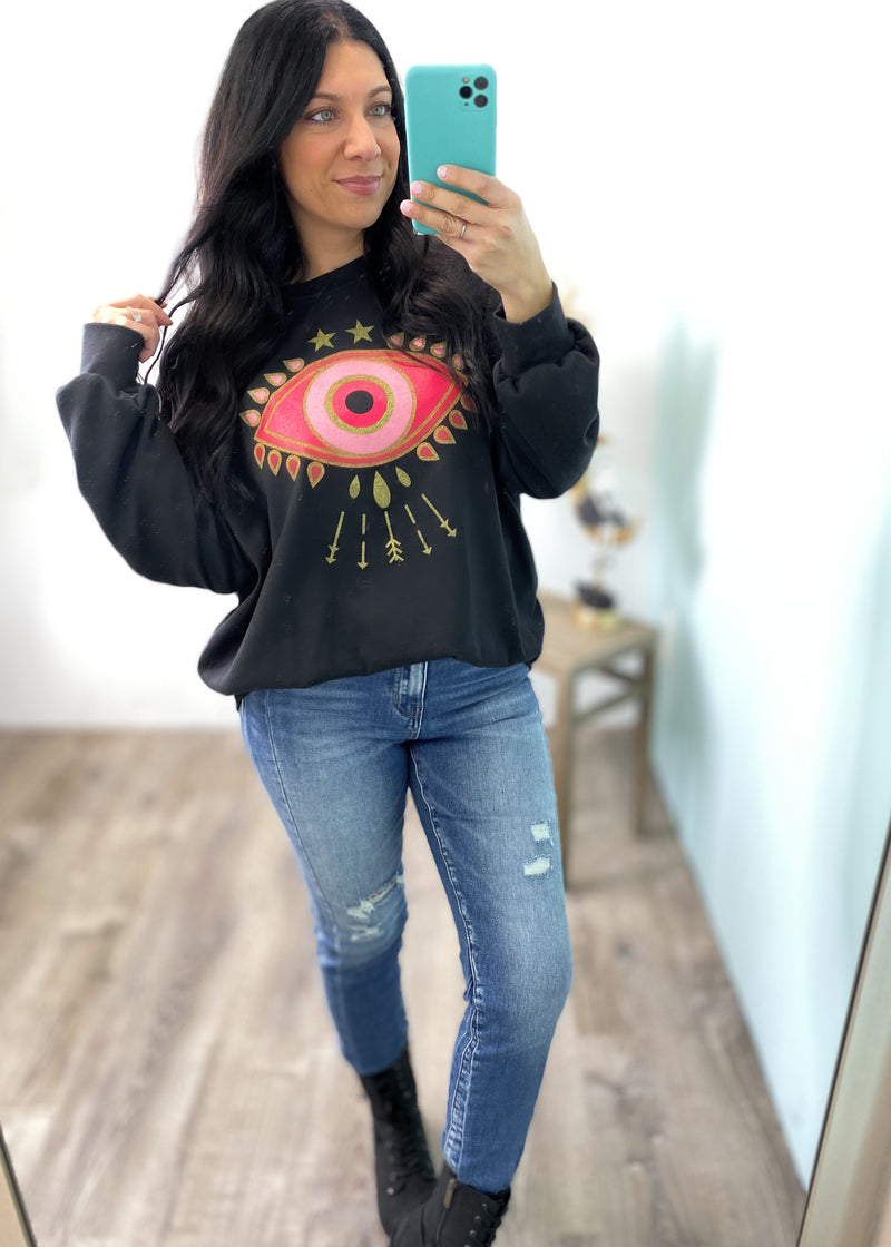 'Seeing is Believing' Aztec Eye Graphic Black French Terry Sweatshirt-Cali Moon Boutique, Plainville Connecticut