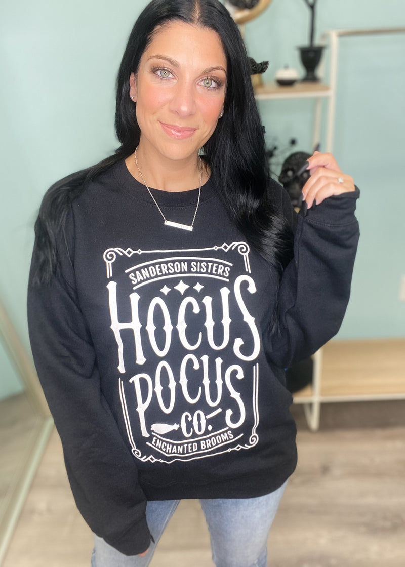 'Hocus Pocus Broom Co' Black Crewneck Graphic Sweatshirt-Cali Moon Boutique, Plainville Connecticut