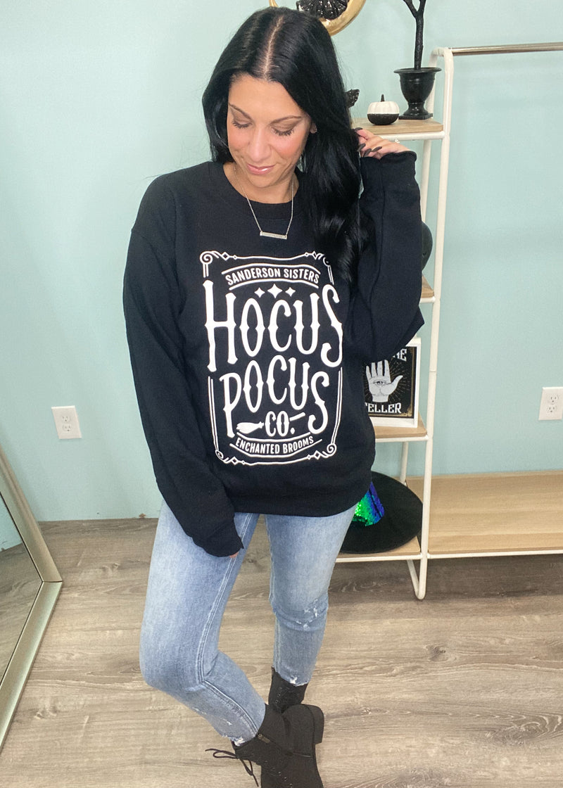 'Hocus Pocus Broom Co' Black Crewneck Graphic Sweatshirt-Cali Moon Boutique, Plainville Connecticut