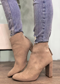 'Simple Treasures' Taupe Faux Suede Back Zipper Bootie-Cali Moon Boutique, Plainville Connecticut