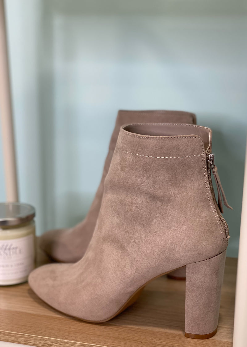 'Simple Treasures' Taupe Faux Suede Back Zipper Bootie-Cali Moon Boutique, Plainville Connecticut