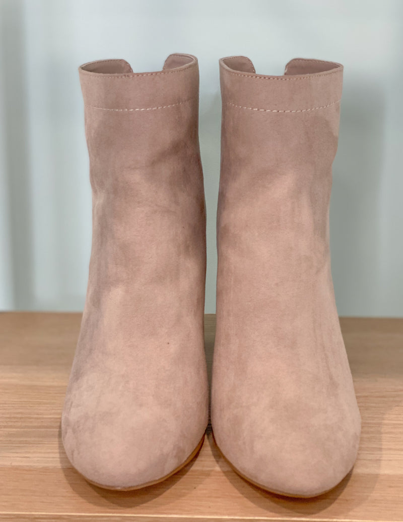 'Simple Treasures' Taupe Faux Suede Back Zipper Bootie-Cali Moon Boutique, Plainville Connecticut