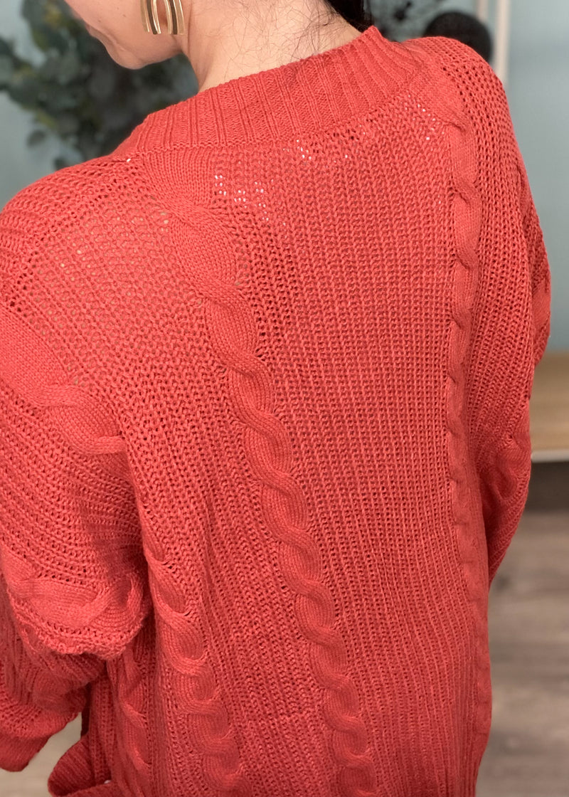 'Sophia' Rust Cable Knit Sweater Cardigan-Cali Moon Boutique, Plainville Connecticut