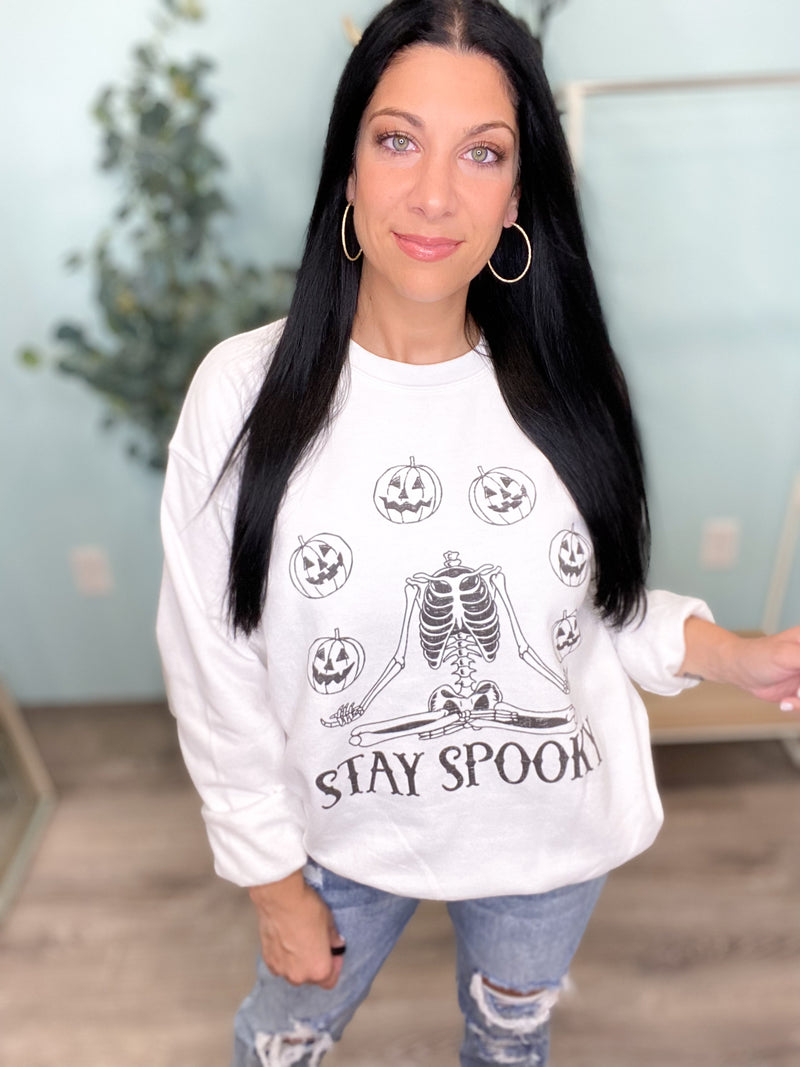 'Stay Spooky' White Skeleton Crewneck Graphic Sweatshirt-Cali Moon Boutique, Plainville Connecticut