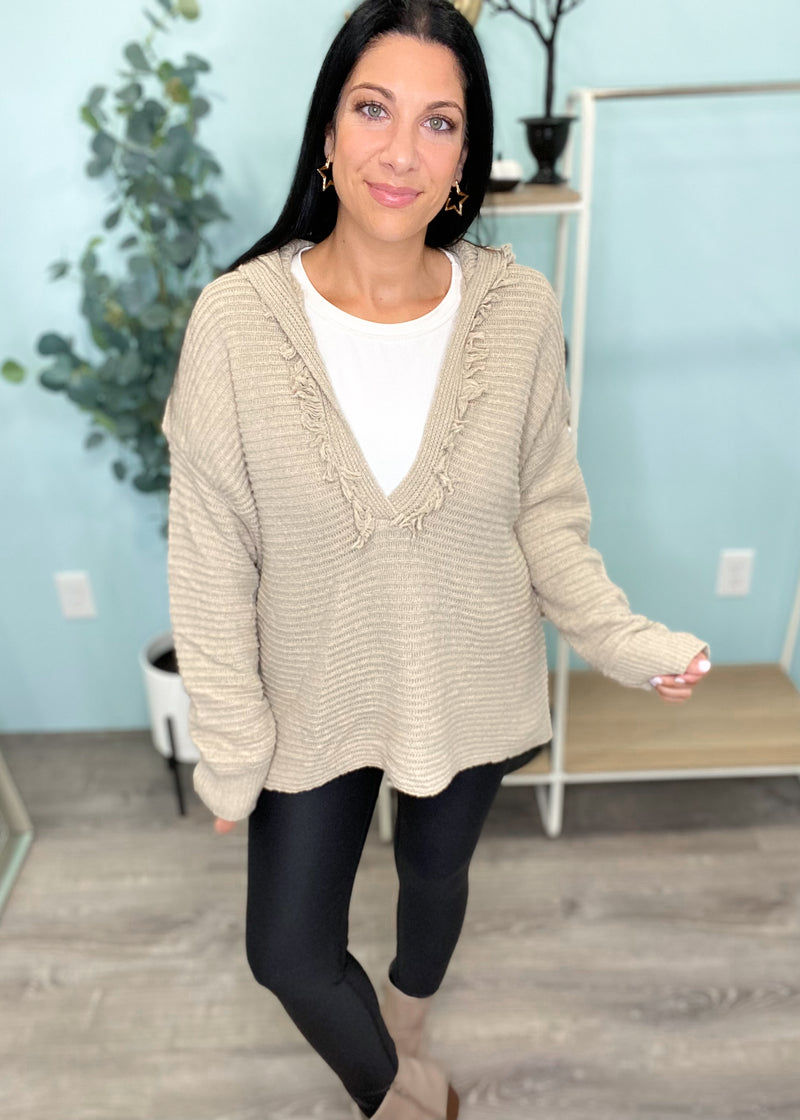 'Cozy Days' Oatmeal Ribbed Sweater Hoodie-Cali Moon Boutique, Plainville Connecticut