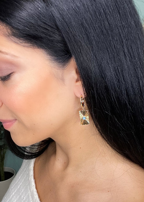 Textured Rectangle Drop Earrings with Stone-Cali Moon Boutique, Plainville Connecticut