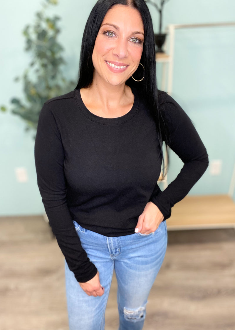 'Casey' Black Crew Neck Long Sleeve Cotton Tee-Cali Moon Boutique, Plainville Connecticut