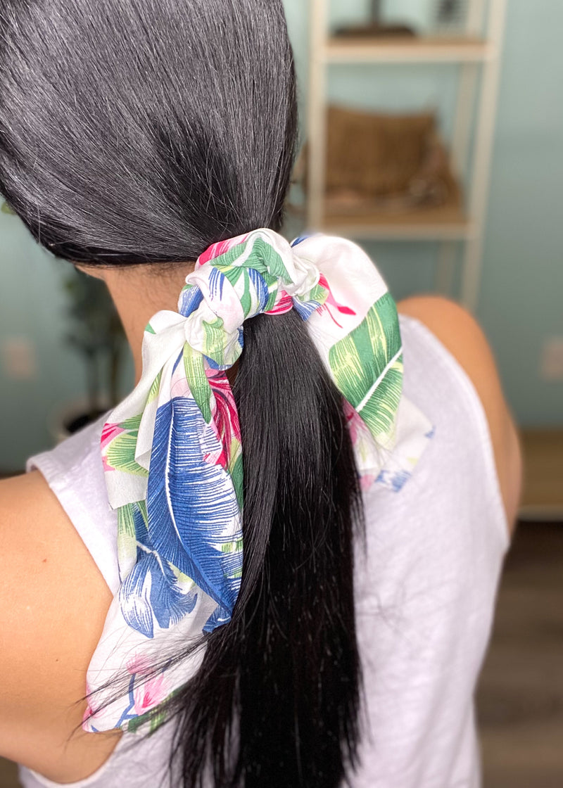 White Tropical Floral Scrunchie Hair Tie-Cali Moon Boutique, Plainville Connecticut