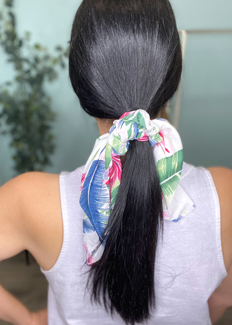 White Tropical Floral Scrunchie Hair Tie-Cali Moon Boutique, Plainville Connecticut