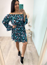 'Electric Garden' Floral Off the Shoulder Bell Sleeve Dress-Cali Moon Boutique, Plainville Connecticut