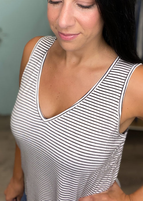'Eva' White/Black Stripe V-Neck Tank Top-tank tops, tank top, ivory tank top, solid tank top, solid color tank top, cute tank top, casual tank top, loose tank tops, layering tank tops, tank tops to layer, layering tank top, basic tank tops, casual tank tops, womens boutique, cute clothes for women, affordable fashion, boutique, affordable boutique clothing-Cali Moon Boutique, Plainville Connecticut