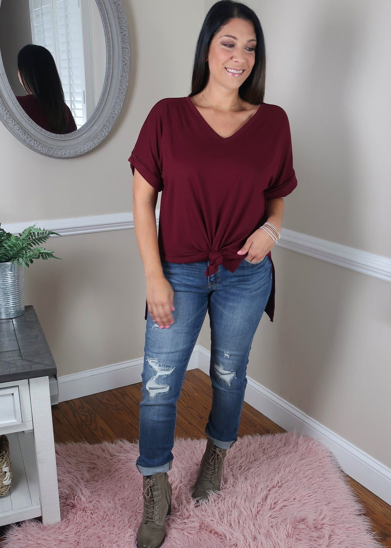 'Roll With It' Deep Wine Rolled Sleeve Boyfriend V-Neck Tee-Cali Moon Boutique, Plainville Connecticut