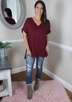 'Roll With It' Deep Wine Rolled Sleeve Boyfriend V-Neck Tee-Cali Moon Boutique, Plainville Connecticut