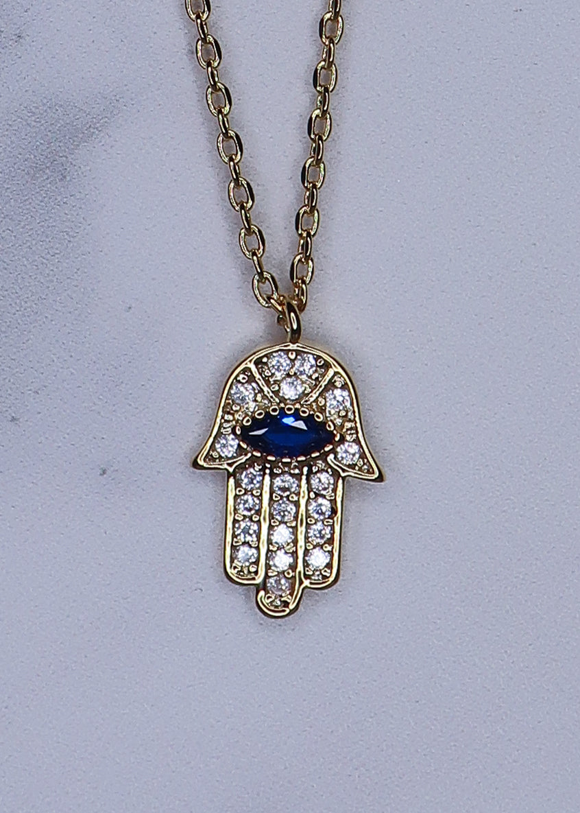 Mini CZ Hamsa Necklace with Blue Stone-hamsa necklace, hamsa jewelry, evil eye necklace, evil eye jewelry, hamsa, evil eye, evil eye and hamsa, eye necklace, womens necklace,necklaces, cute womens necklaces, small charm necklaces, necklaces with charm , cute charm necklace, gifts for women, cute gifts for women, holiday gifts for women,-Cali Moon Boutique, Plainville Connecticut