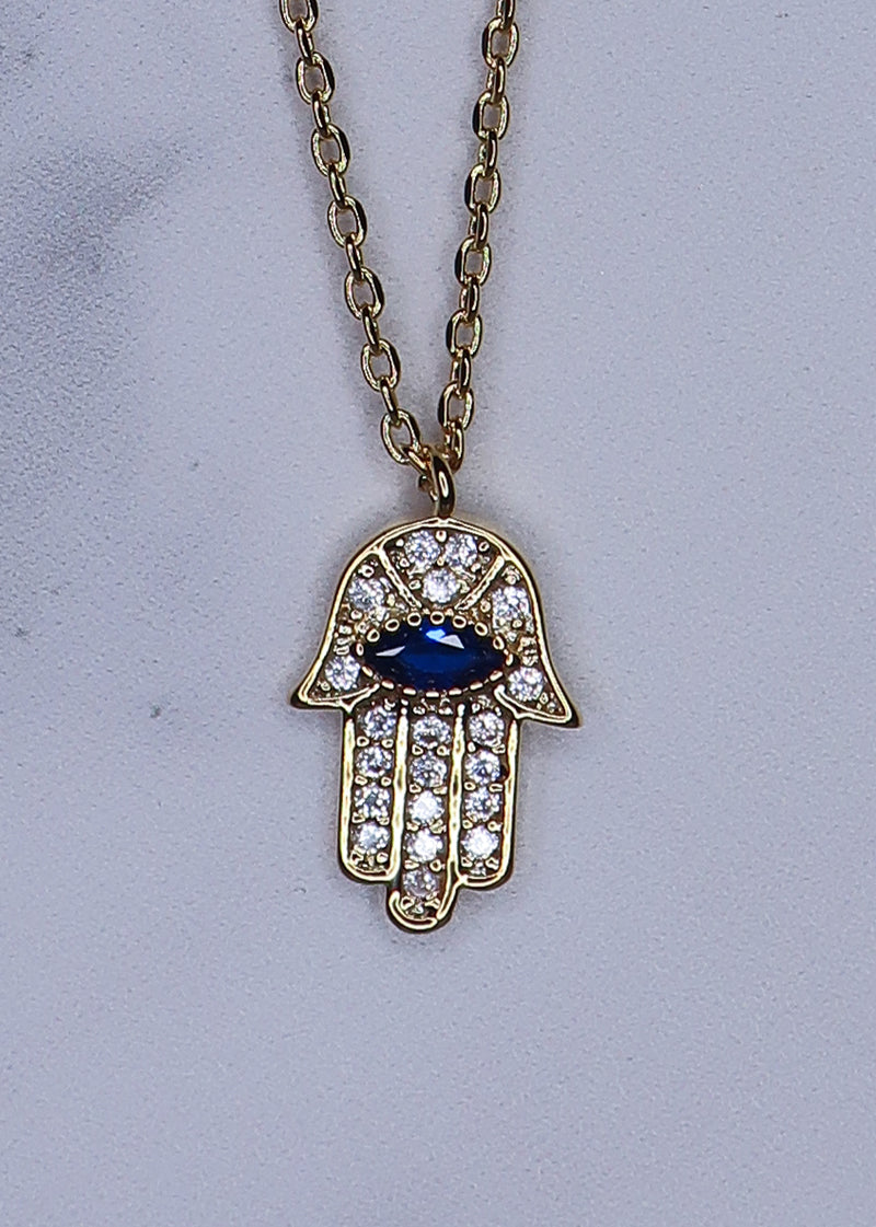 Mini CZ Hamsa Necklace with Blue Stone-hamsa necklace, hamsa jewelry, evil eye necklace, evil eye jewelry, hamsa, evil eye, evil eye and hamsa, eye necklace, womens necklace,necklaces, cute womens necklaces, small charm necklaces, necklaces with charm , cute charm necklace, gifts for women, cute gifts for women, holiday gifts for women,-Cali Moon Boutique, Plainville Connecticut