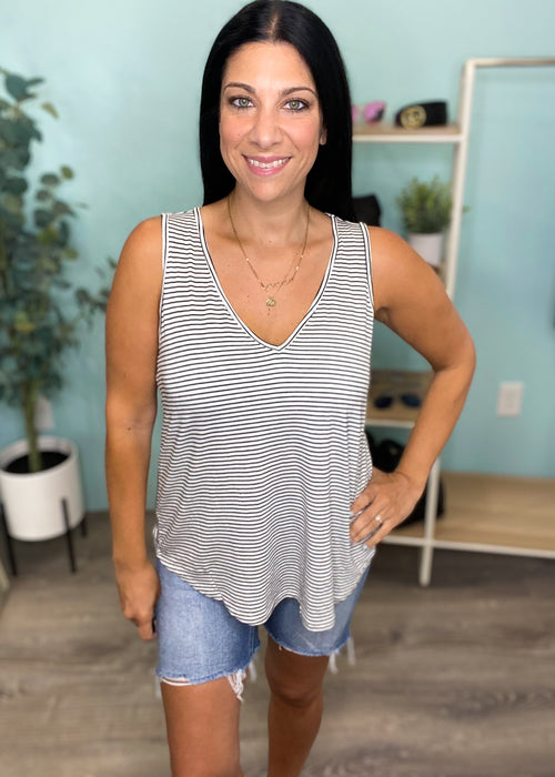 'Eva' White/Black Stripe V-Neck Tank Top-tank tops, tank top, ivory tank top, solid tank top, solid color tank top, cute tank top, casual tank top, loose tank tops, layering tank tops, tank tops to layer, layering tank top, basic tank tops, casual tank tops, womens boutique, cute clothes for women, affordable fashion, boutique, affordable boutique clothing-Cali Moon Boutique, Plainville Connecticut