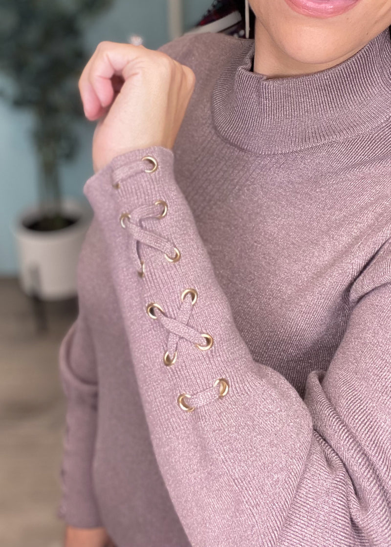 Mushroom Gray Lace Up Cuff Soft Sweater-Cali Moon Boutique, Plainville Connecticut