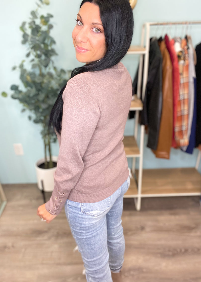 Mushroom Gray Lace Up Cuff Soft Sweater-Cali Moon Boutique, Plainville Connecticut
