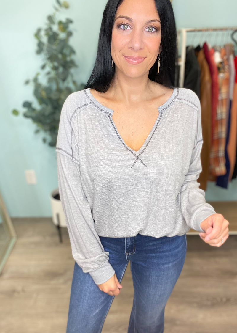 Heather Gray Thermal Mixed Media Top-Cali Moon Boutique, Plainville Connecticut