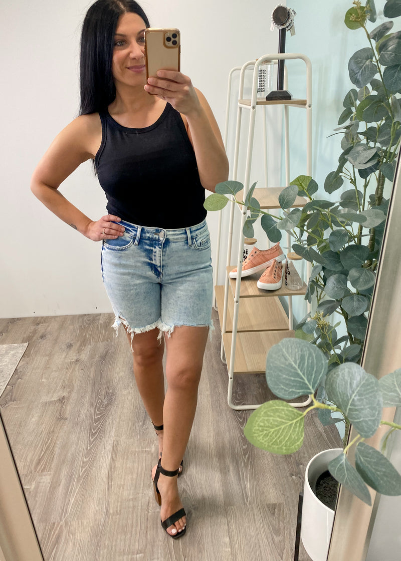 Light Vintage Washed Midi Distressed Denim Shorts-Cali Moon Boutique, Plainville Connecticut