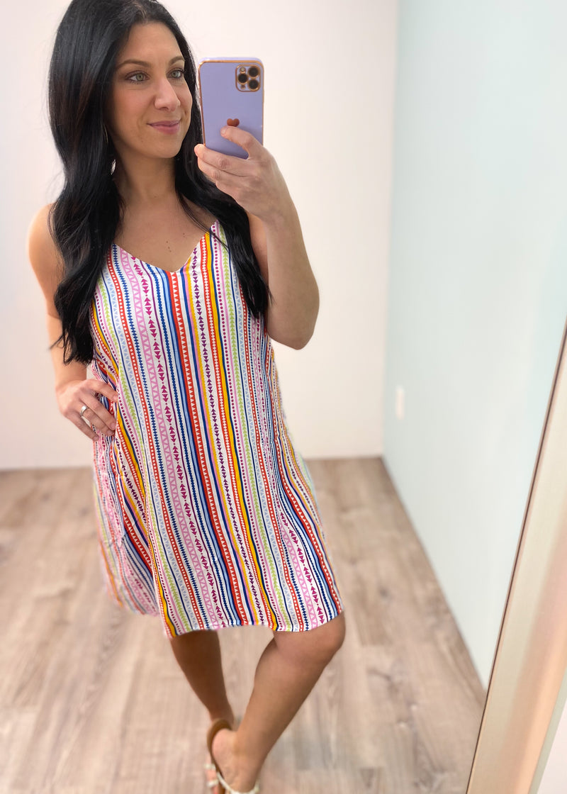 'Good Times' Multi Color Geometric Stripe Sleeveless Dress-Cali Moon Boutique, Plainville Connecticut