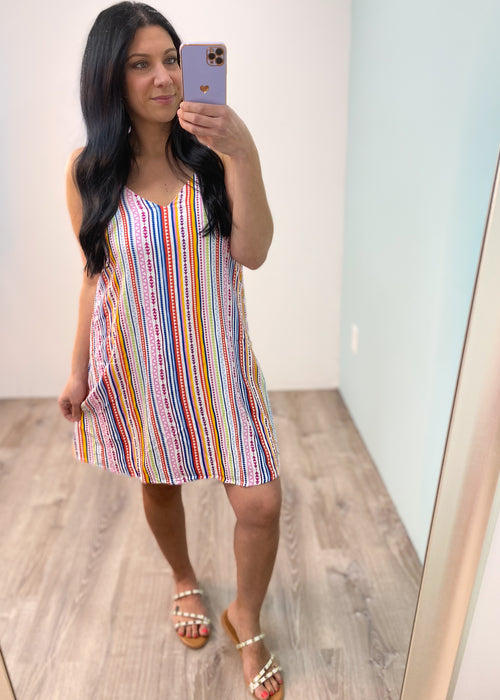 'Good Times' Multi Color Geometric Stripe Sleeveless Dress-Cali Moon Boutique, Plainville Connecticut