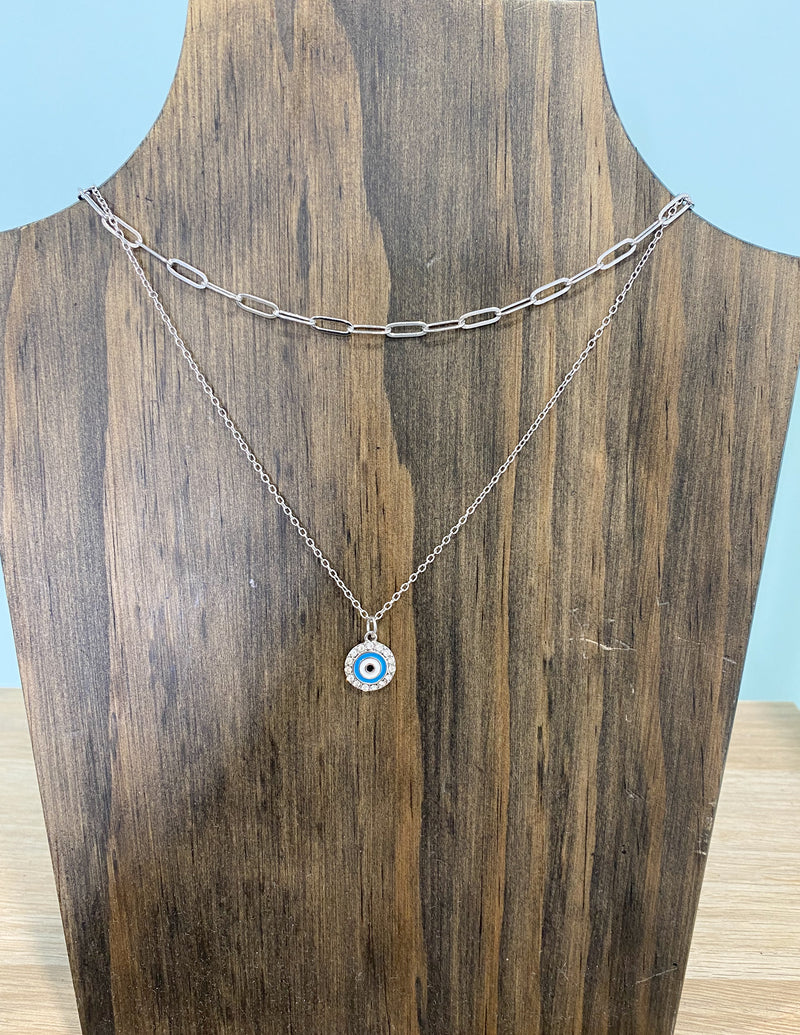 Rhodium Layered Necklace with Evil Eye Charm & Earring Set-Cali Moon Boutique, Plainville Connecticut