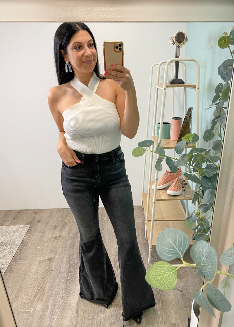 'On the Fence' Ivory Criss Cross Neckline Ribbed Top-Cali Moon Boutique, Plainville Connecticut