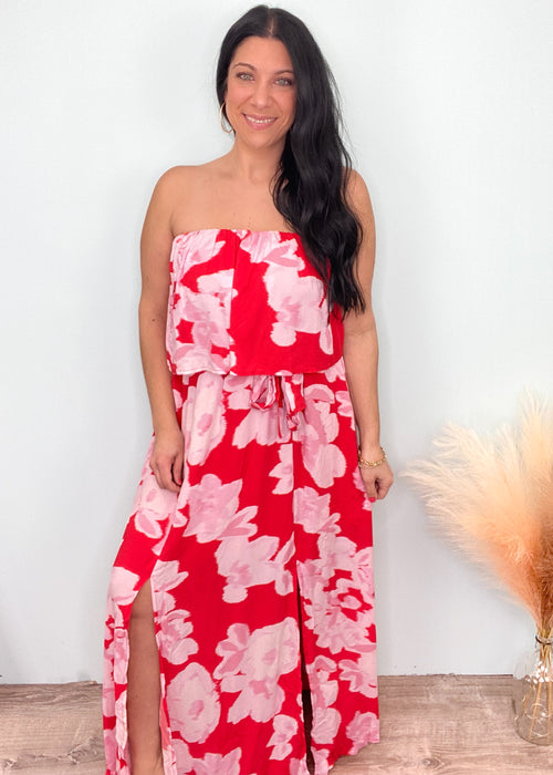 'Trina' Red/Pink Strapless Floral Maxi Dress-Stand out in the maxi dress crowd with this gorgeous color combination of red, pink & white. Lightweight and flowy fabric great for hot days. The front slits make it super easy to move and keep cool, plus will show off your cute shoes! -Cali Moon Boutique, Plainville Connecticut