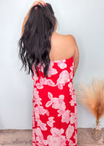 'Trina' Red/Pink Strapless Floral Maxi Dress-Stand out in the maxi dress crowd with this gorgeous color combination of red, pink & white. Lightweight and flowy fabric great for hot days. The front slits make it super easy to move and keep cool, plus will show off your cute shoes! -Cali Moon Boutique, Plainville Connecticut