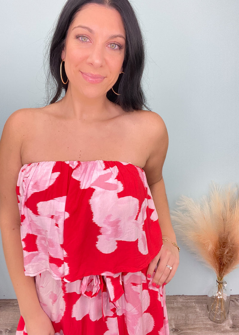 'Trina' Red/Pink Strapless Floral Maxi Dress-Stand out in the maxi dress crowd with this gorgeous color combination of red, pink & white. Lightweight and flowy fabric great for hot days. The front slits make it super easy to move and keep cool, plus will show off your cute shoes! -Cali Moon Boutique, Plainville Connecticut