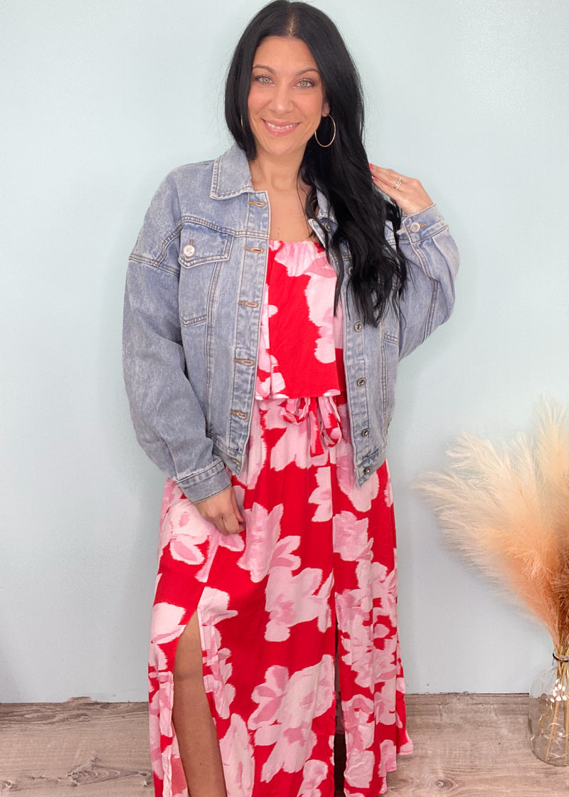 'Harlow' Boyfriend Fit Denim Jacket-If you love jean jackets and can never have enough styles, this boyfriend jean jacket is for you! It features an all around relaxed fit for a cool city girl look everytime! Elevate any outfit with this denim jacket. Wear casual with lounge joggers or wear over your Summer short/maxi dresses for cool nights! A must have for jean jacket lovers! -Cali Moon Boutique, Plainville Connecticut