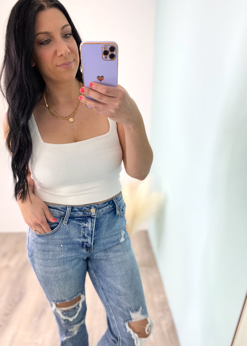 'Square Up' White Ribbed Square Neck Cropped Tank-You will find so many uses for this cropped white tank! Wear it as a layering piece underneath your Summer kimonos, button downs or sheer tops. Wear it on it's own with your favorite high waist jeans or shorts! -Cali Moon Boutique, Plainville Connecticut