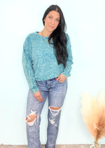 'Good Ole Days' Teal Vintage Washed French Terry Sweatshirt-This teal vintage washed sweatshirt will be an easy everyday grab and go item in your closet! Wear it with jeans, loungwear, skirts and shorts! Roll the sleeves for a classic 80's look, front tuck for an effortless casual look or tie it around your waist to add a cute yet functional piece to a Spring outfit! -Cali Moon Boutique, Plainville Connecticut