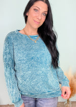 'Good Ole Days' Teal Vintage Washed French Terry Sweatshirt-This teal vintage washed sweatshirt will be an easy everyday grab and go item in your closet! Wear it with jeans, loungwear, skirts and shorts! Roll the sleeves for a classic 80's look, front tuck for an effortless casual look or tie it around your waist to add a cute yet functional piece to a Spring outfit! -Cali Moon Boutique, Plainville Connecticut