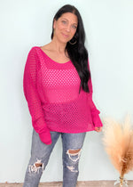'Running in Circles' Hot Pink Open Sweater Knit Top-Open knits are a staple this Spring/Summer! They are light, airy and so adorable! This hot pink open knit top is a relaxed fit with a wider neckline giving you the option to wear it on or off the shoulder. Looks adorable over bralettes, cropped camis or full camis and even over bathing suits. Pair with short and long bottoms/denim!-Cali Moon Boutique, Plainville Connecticut