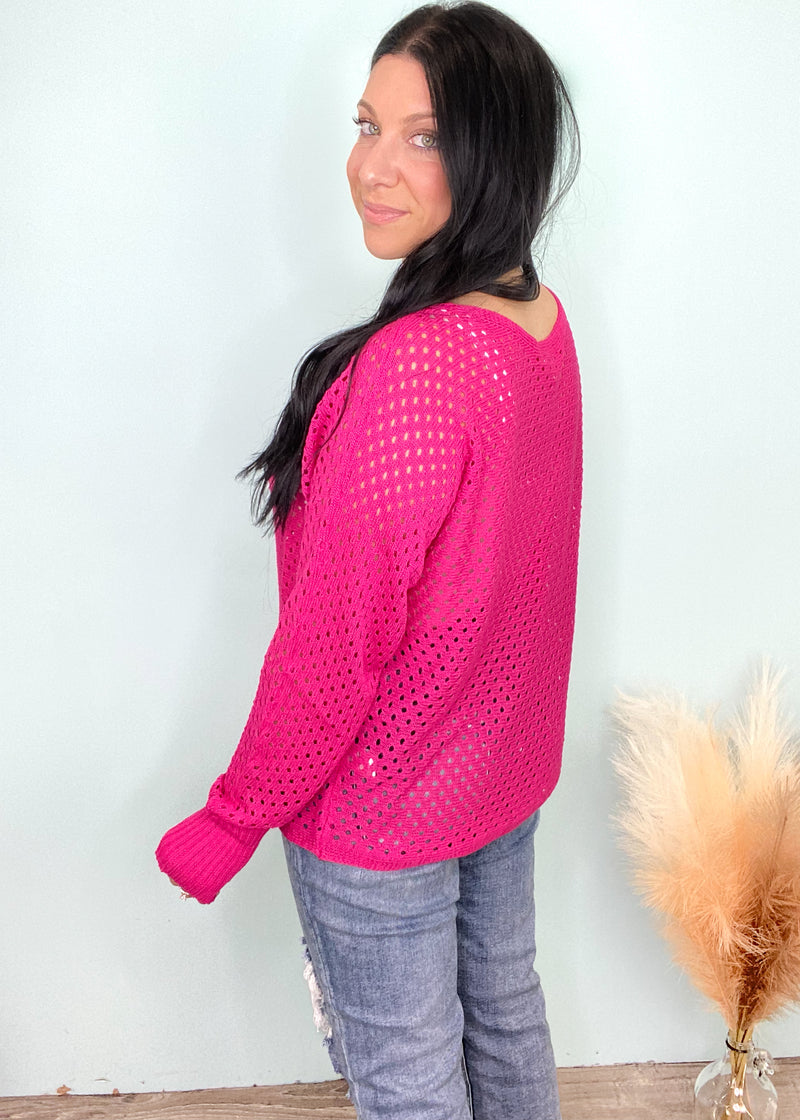 'Running in Circles' Hot Pink Open Sweater Knit Top-Open knits are a staple this Spring/Summer! They are light, airy and so adorable! This hot pink open knit top is a relaxed fit with a wider neckline giving you the option to wear it on or off the shoulder. Looks adorable over bralettes, cropped camis or full camis and even over bathing suits. Pair with short and long bottoms/denim!-Cali Moon Boutique, Plainville Connecticut