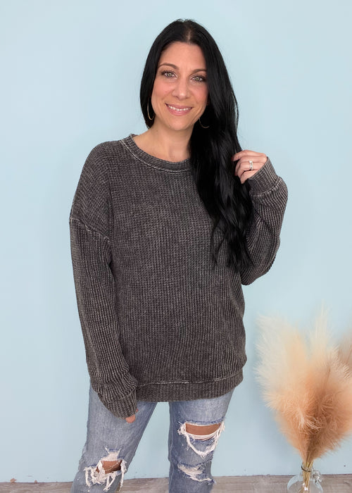 'Vintage Rock' Mineral Washed Waffle Knit Sweatshirt-This black vintage look mineral washed waffle knit sweatshirt is an everyday classic with a little look of nostalgia. Throw on and go to wear with denim, lounge, long and short bottoms! You will not want to take this off!-Cali Moon Boutique, Plainville Connecticut
