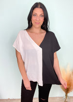 'Power Couple' Black/White Colorblock Top-Black and white combos are a classic that never go out of style! This black and white colorblock top features a soft, moveable fabric that can dressed up or worn casually with denim. A great Spring and Summer top!-Cali Moon Boutique, Plainville Connecticut