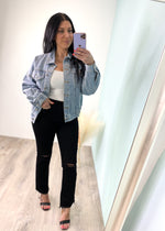 'Harlow' Boyfriend Fit Denim Jacket-If you love jean jackets and can never have enough styles, this boyfriend jean jacket is for you! It features an all around relaxed fit for a cool city girl look everytime! Elevate any outfit with this denim jacket. Wear casual with lounge joggers or wear over your Summer short/maxi dresses for cool nights! A must have for jean jacket lovers! -Cali Moon Boutique, Plainville Connecticut