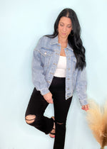 'Harlow' Boyfriend Fit Denim Jacket-If you love jean jackets and can never have enough styles, this boyfriend jean jacket is for you! It features an all around relaxed fit for a cool city girl look everytime! Elevate any outfit with this denim jacket. Wear casual with lounge joggers or wear over your Summer short/maxi dresses for cool nights! A must have for jean jacket lovers! -Cali Moon Boutique, Plainville Connecticut