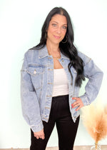 'Harlow' Boyfriend Fit Denim Jacket-If you love jean jackets and can never have enough styles, this boyfriend jean jacket is for you! It features an all around relaxed fit for a cool city girl look everytime! Elevate any outfit with this denim jacket. Wear casual with lounge joggers or wear over your Summer short/maxi dresses for cool nights! A must have for jean jacket lovers! -Cali Moon Boutique, Plainville Connecticut