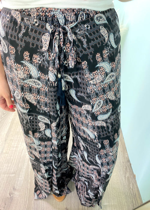 'Poppy' Black Paisley Print Wide Leg Pants-Stay comfy and super cute in these flowy, wide leg paisley print pants! Pair with tubes/tanks, casual tees and denim jackets! They can be dressed up or down and comfy enough to wear all day/night!-Cali Moon Boutique, Plainville Connecticut