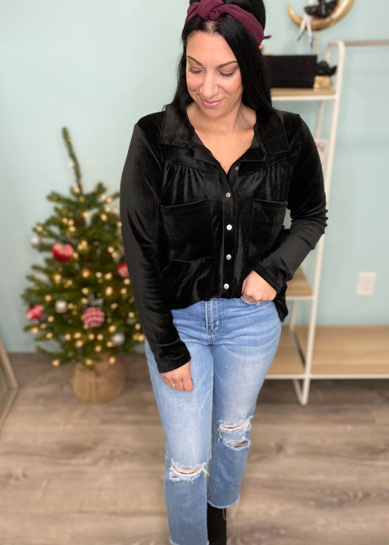 Black Velvet Button Front Top-Cali Moon Boutique, Plainville Connecticut